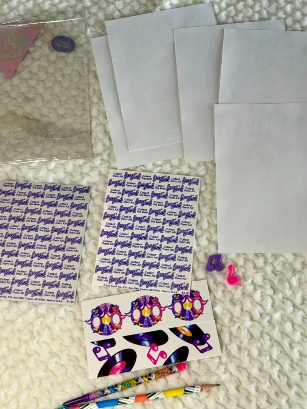 Vintage Lisa Frank Piano Music Notes Stationary Set -Pen still writes! Purple In